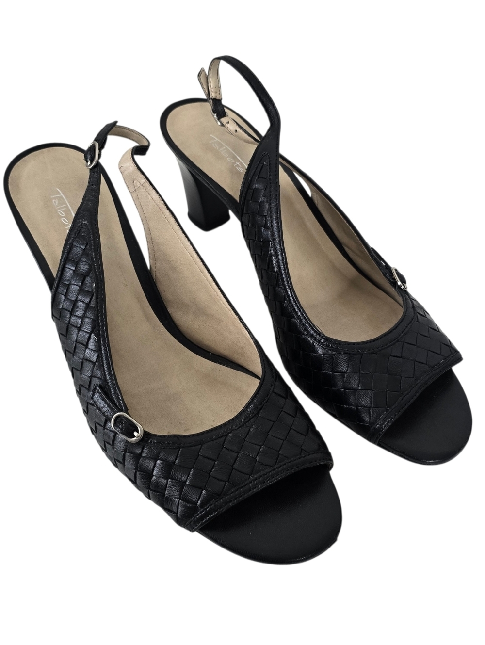 Talbots Black Woven Leather Slingback Open Toe Heels 11B Summer Careerwear